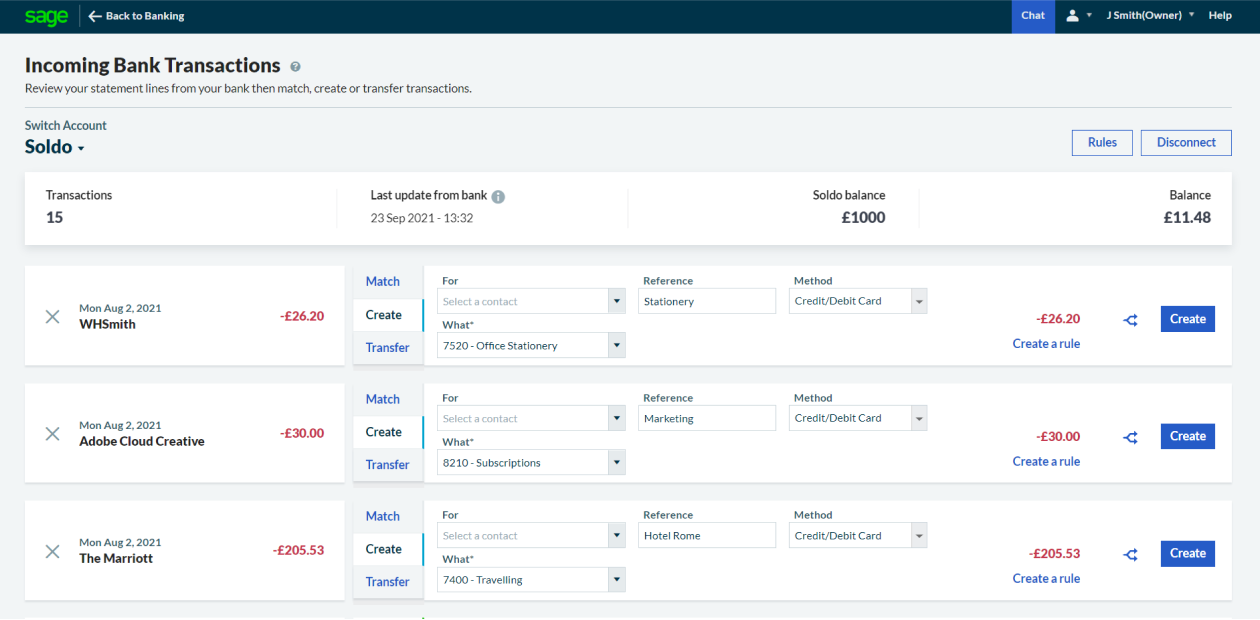 Sage bank feed dashboard