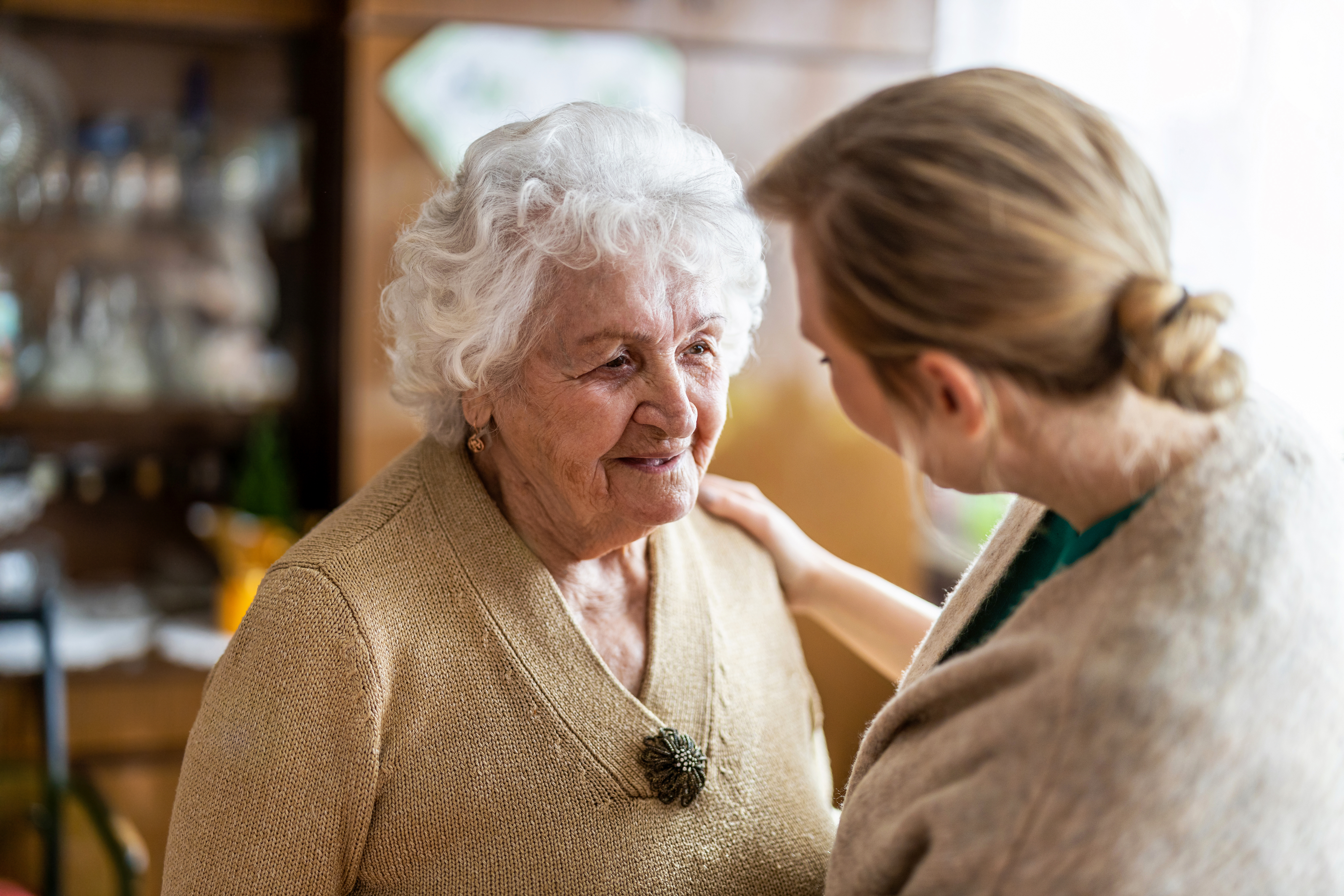 Elderly lady and carer