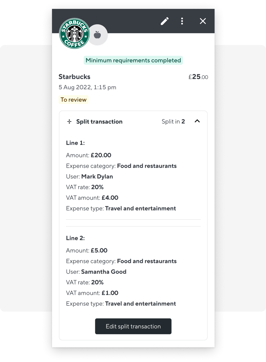 screenshot of a Starbucks transaction split between two employees in app