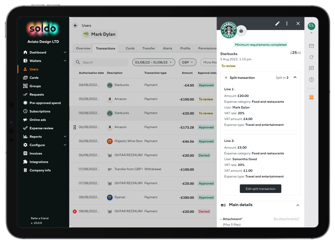 screenshot of expenses being managed in app