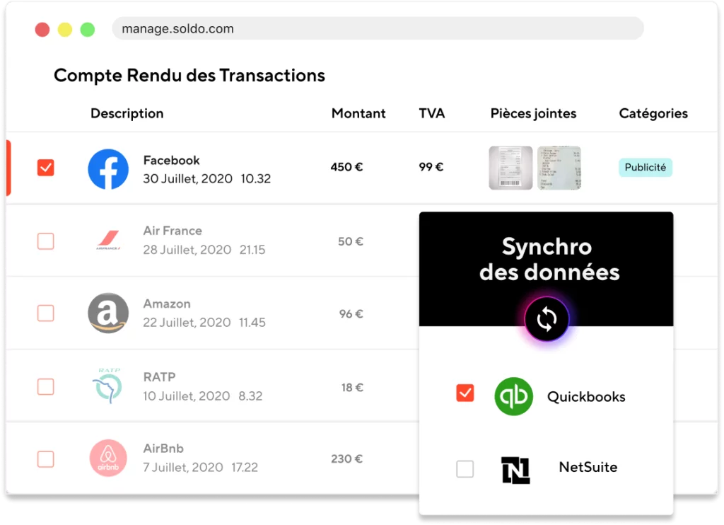 Compte rendu des transactions de carte bleue entreprise
