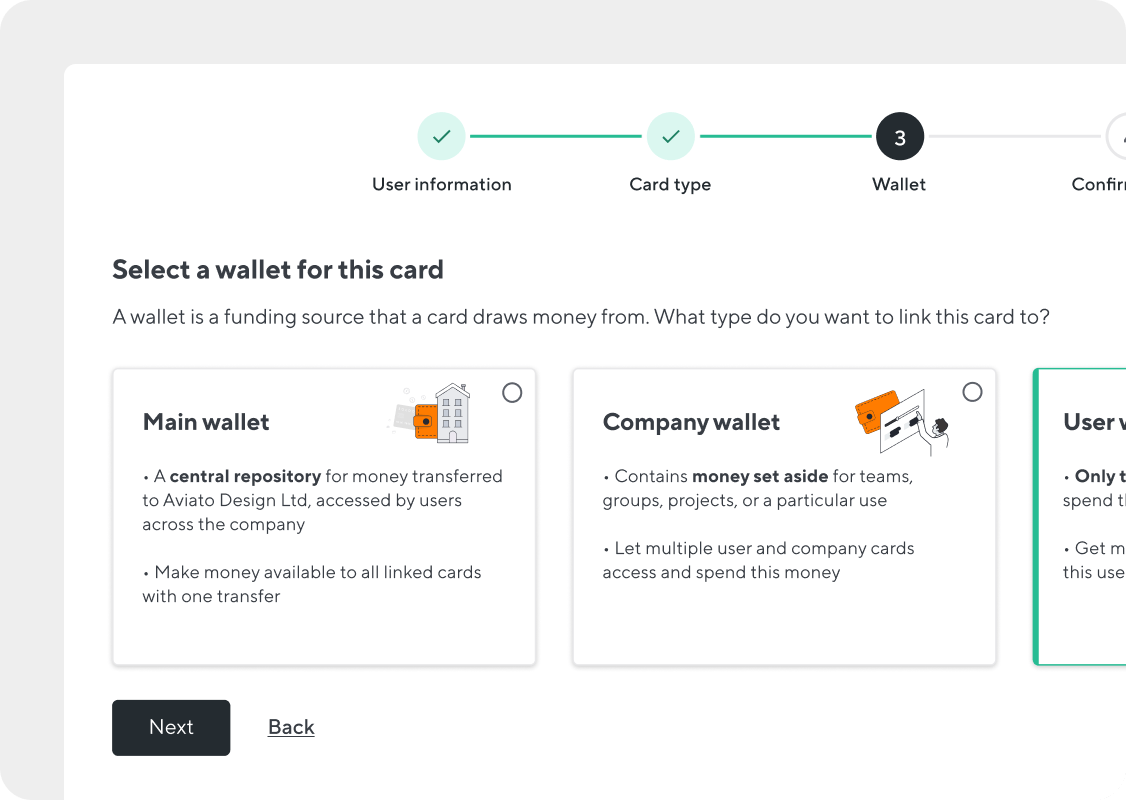 Set up user cards to draw from shared or dedicated funds