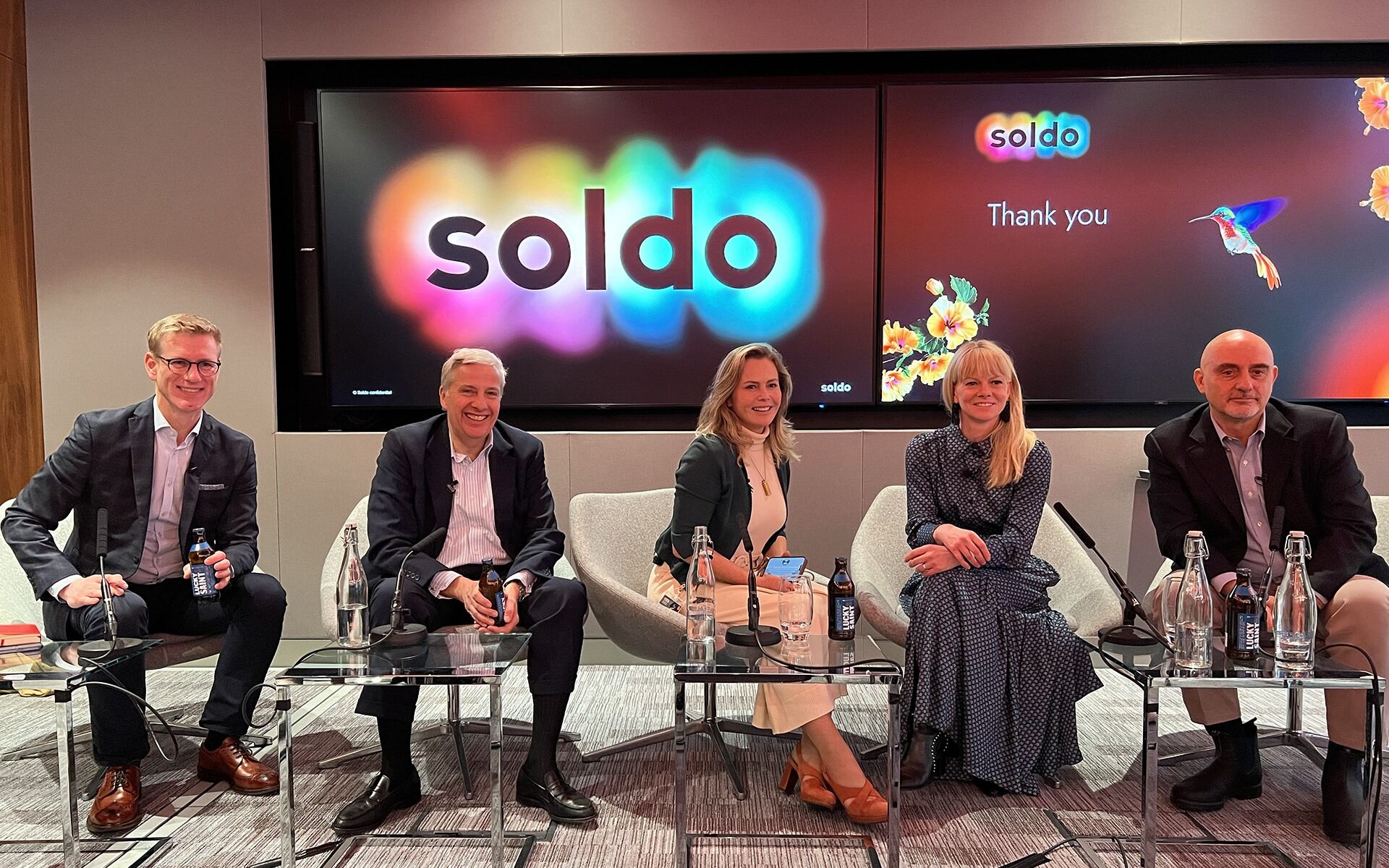 Spring Budget 2024 - David McClelland, David Owen, Emma Heal, Liz Earle and Carlo Gualandri sit together on a Soldo panel.